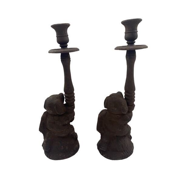 Vintage Cast Metal Iron Dogs Candlestick Candle Holder Set of 2 Dog Decor 12" - Picture 10 of 11